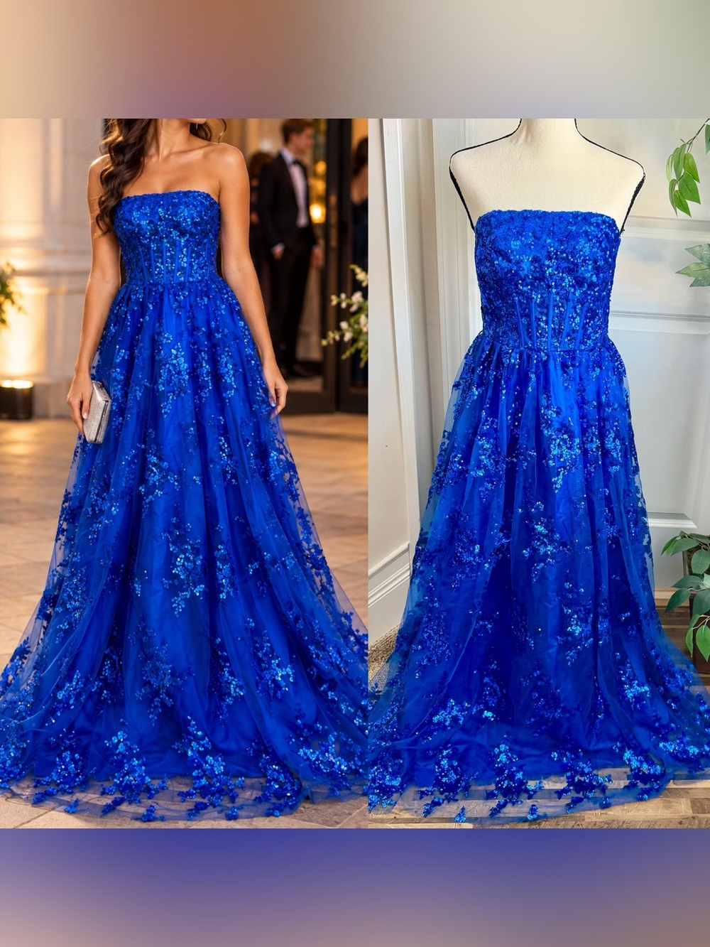 Sequin Corset Strapless Tulle Formal Gown Dress Royal Blue Sz 12